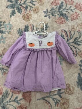 Girls' Lavender Pumpkin Appliqué Dress - “M” Monogram